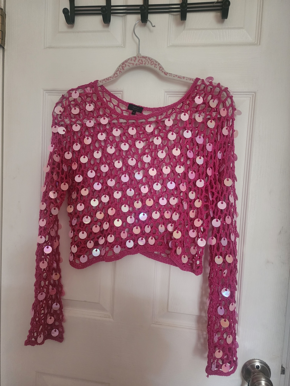 Pink Sequin Crochet Crop Top